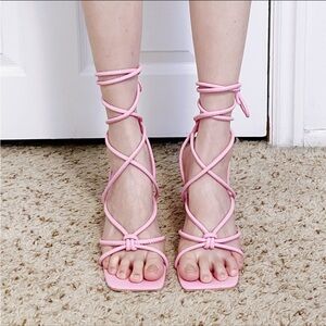 Dolls Kill Kawaii Barbie Pink Sweet All Nighter Lace Up Block Heels Sandals